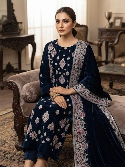 Embroidered Micro Velvet 3-Piece Suit
