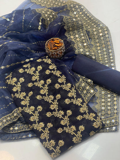 Chiffon Beaded Embroidered 3-Piece Unstitch Suit