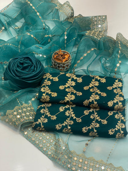 Chiffon Beaded Embroidered 3-Piece Unstitch Suit