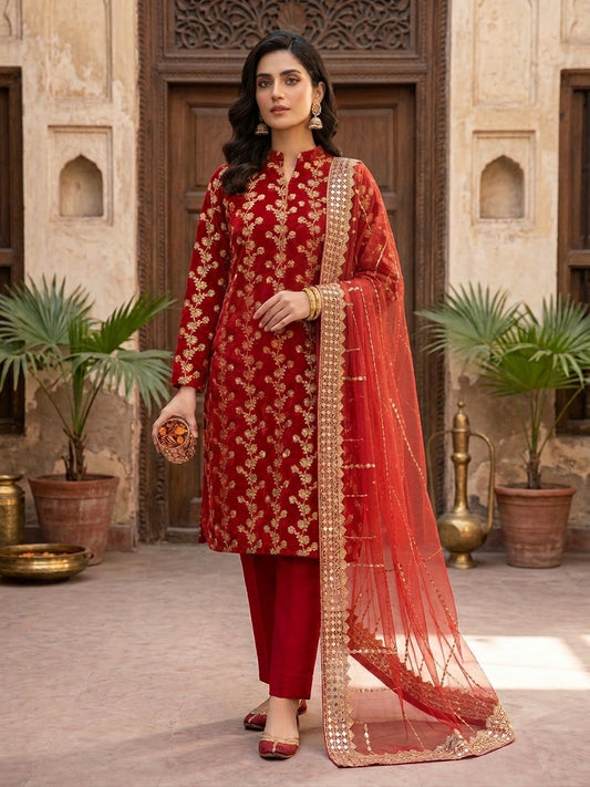 Chiffon Beaded Embroidered 3-Piece Unstitch Suit
